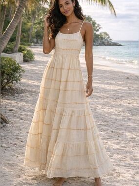 GAP Cream Tiered Maxi Dress Size 8 Smocked Back Flowy Boho Adjustable Straps